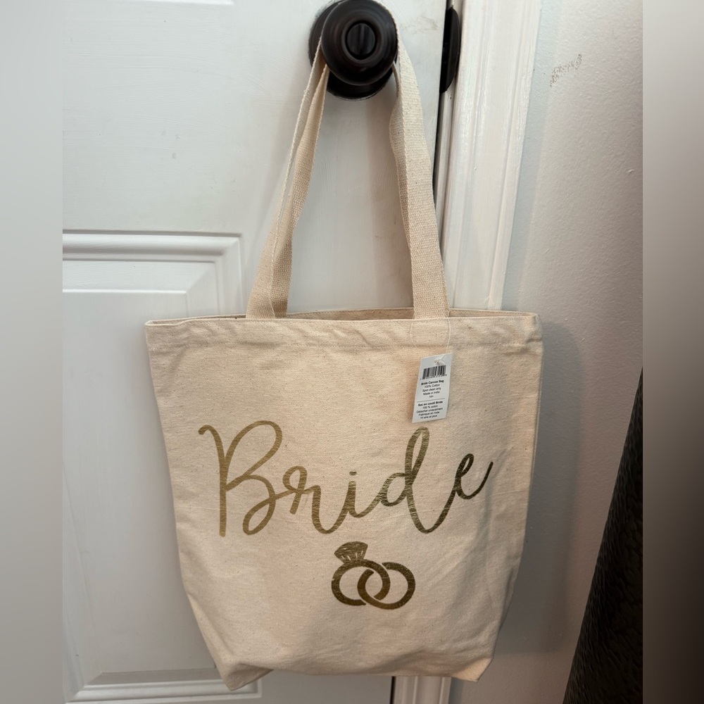 NWT Party City Gold Rings Bride Canvas Tote Bag Wedding Day Shoulder Pack